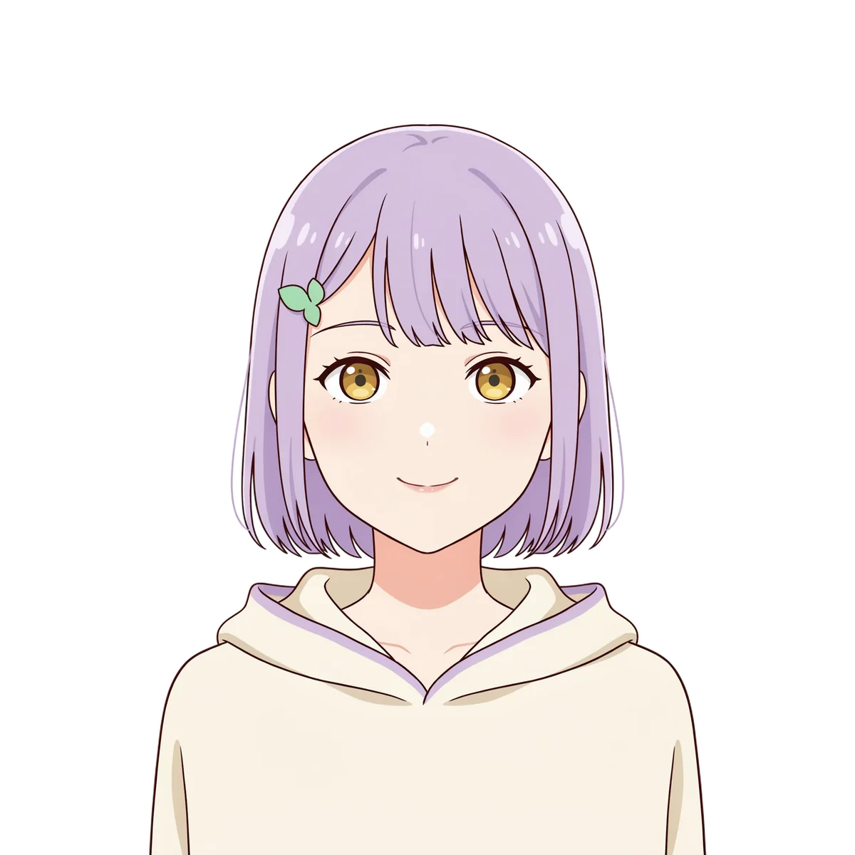 Transparent PNGtuber portrait with lavender hair, a mint leaf clip and a cream hoodie, mouth closed.
