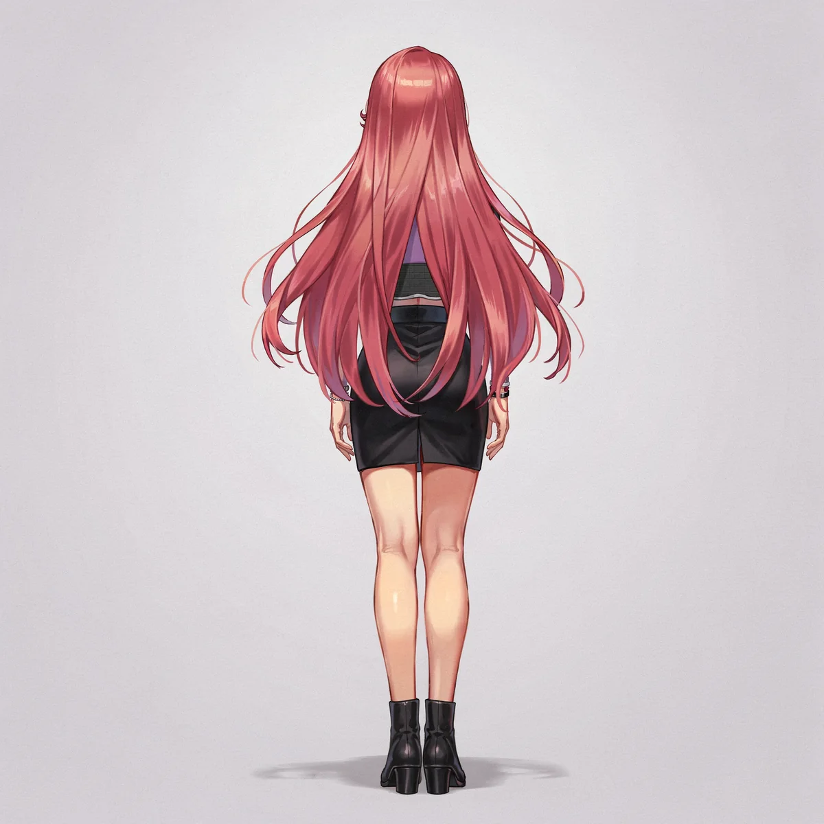 Back view of the rose-haired adult VTuber character showing the black bolero, fitted miniskirt and boots.