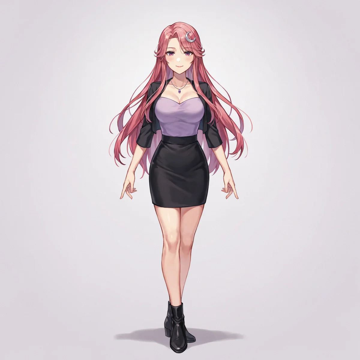 Full-body adult VTuber character with long rose-pink hair, a lilac sweetheart top, black bolero, black miniskirt and ankle boots.