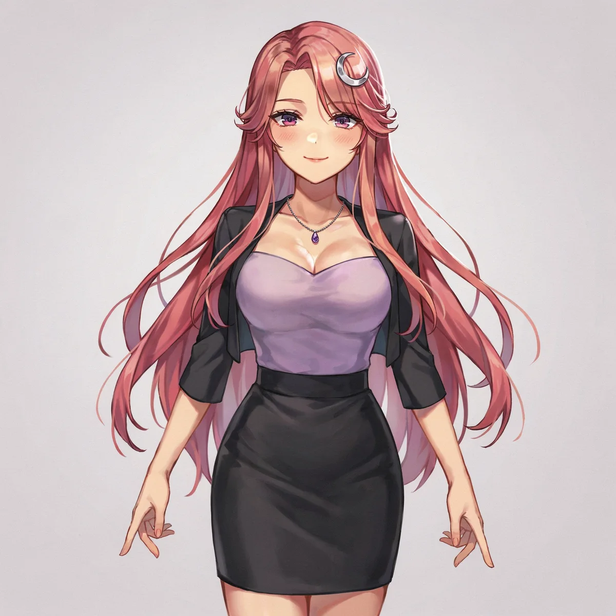 Close portrait of the adult rose-haired VTuber character with a crescent-moon hair clip and violet pendant.