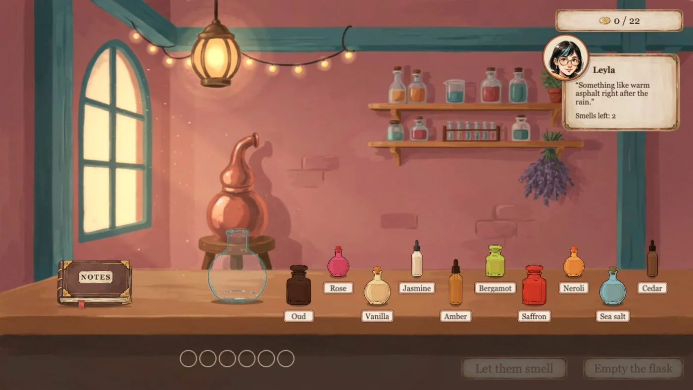 Attar game scene with perfume-making interface