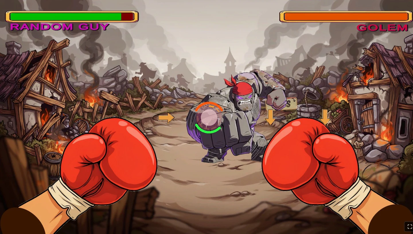 Fighting a stone golem among village ruins
