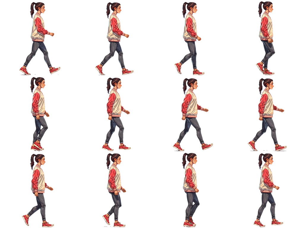 Walk sprite sheet with twelve frames of the varsity-jacket character